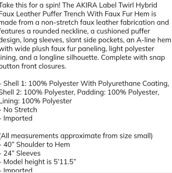 AKIRA Black Puffer Jacket with Faux Fur Accents - Picture 6 of 6